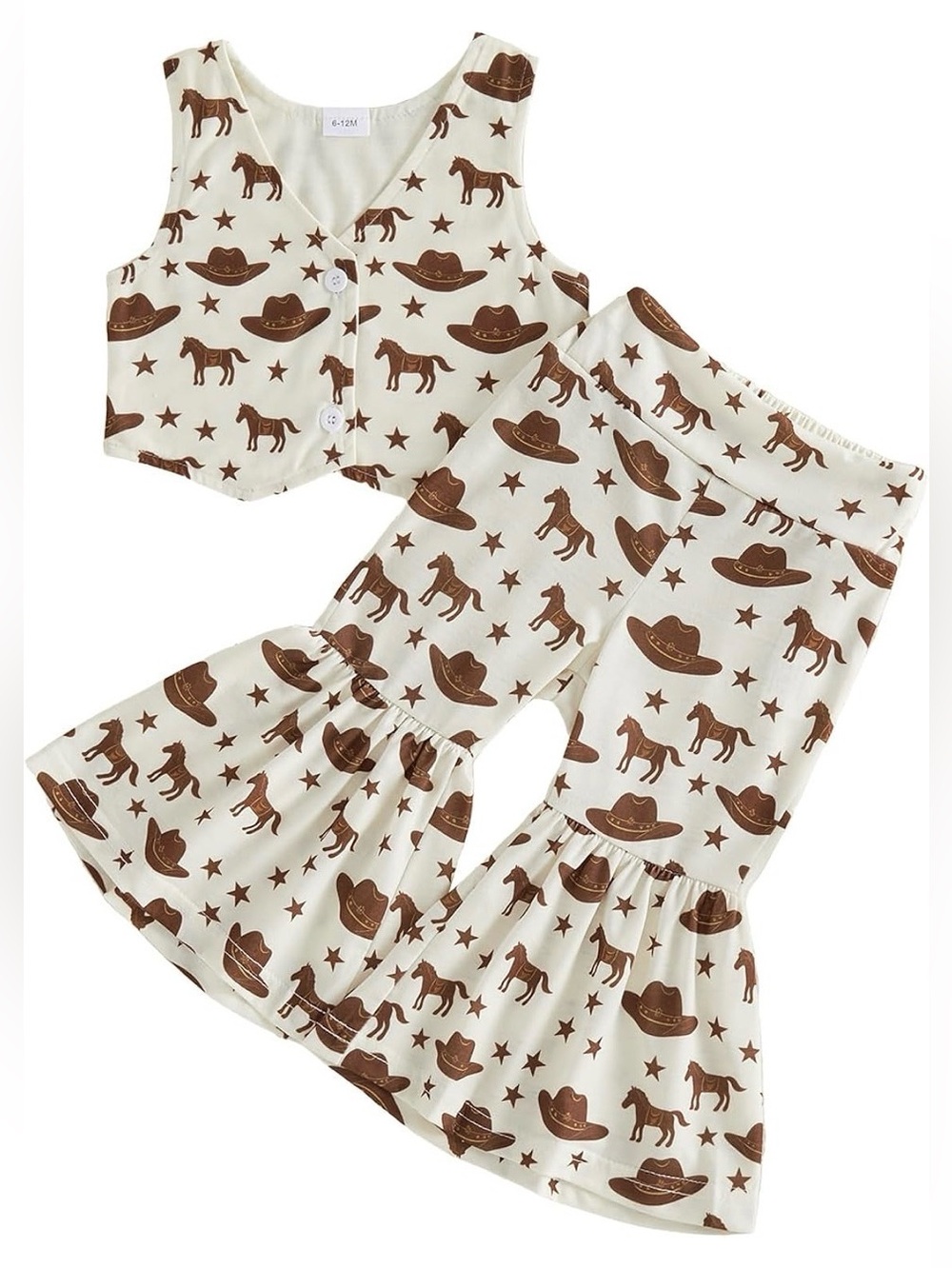 Toddler Cowgirl Print Ruffle Flare Pants Set. Cream & Brown. Size 3-4T